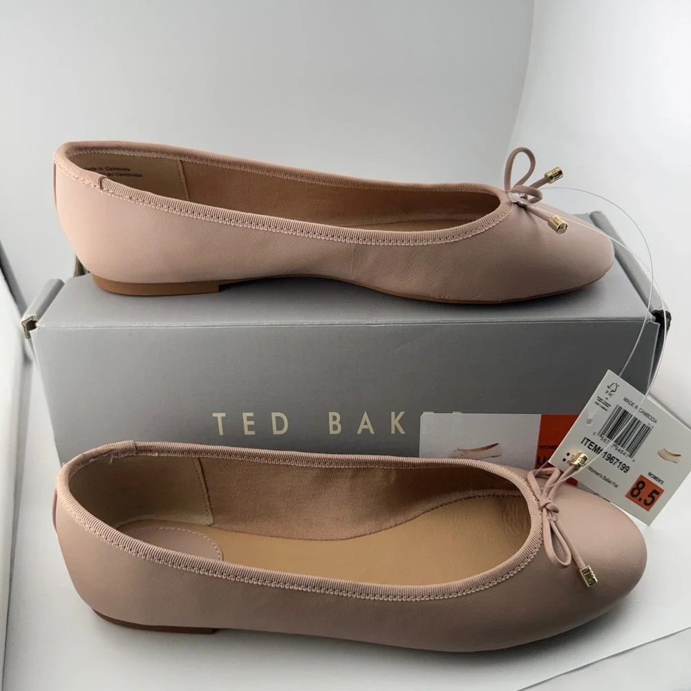 Ted Baker Ballet Flats Women 8.5 Pink NIB Bow Gold Hardware 1967199 Classic Chic